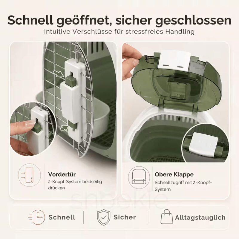 0c1f26c4-713a-41e2-956a-757b9fbc8440_1040x1040.jpg SNOEKIE Haustier Transportbox für Katzen & kleine Hunde – Robuste Tierbox mit aufklappbarer Dachöffnung am Tragegriff, Sichere Metalltür, Leicht & Stabil, Ideal für Auto, Reisen & Tierarzt Grün