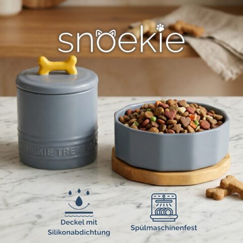 Snoekie Keramik Futternapf Set für kleine und mittelgroße Hunde, Hundenapf mit Holzuntersetzer und Leckerli-Dose mit Silikon-Dichtungsring, 300 g Futter, Geschenkidee