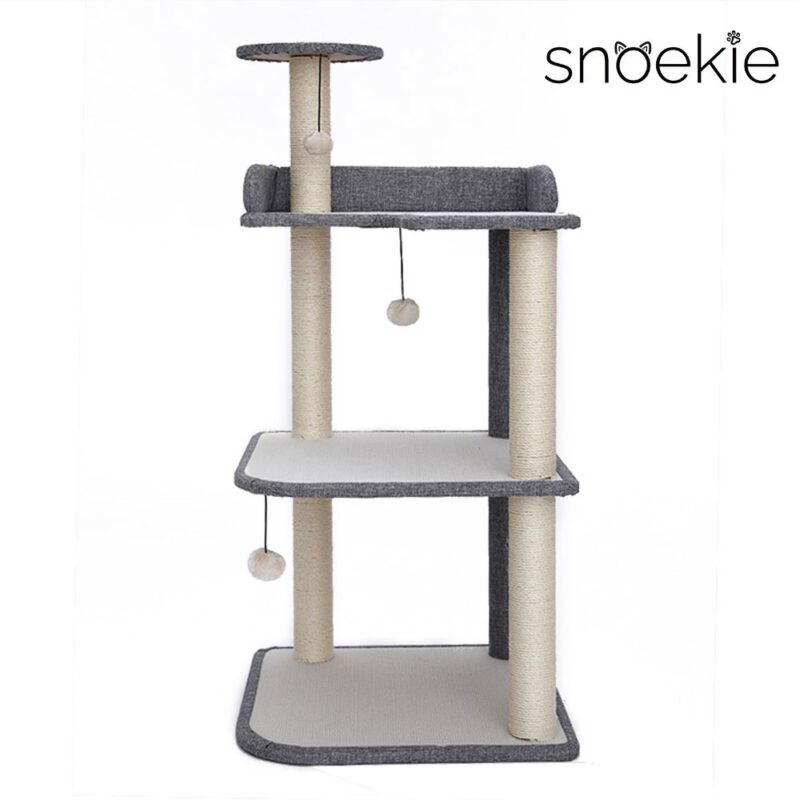Snoekie Kratzbaum für Katzen, stabiler 3-Etagen-Katzenbaum mit Sisalstämmen, Liegeflächen & Spielbällen, 101 cm hoch, moderner Katzenmöbel für Wohnungskatzen