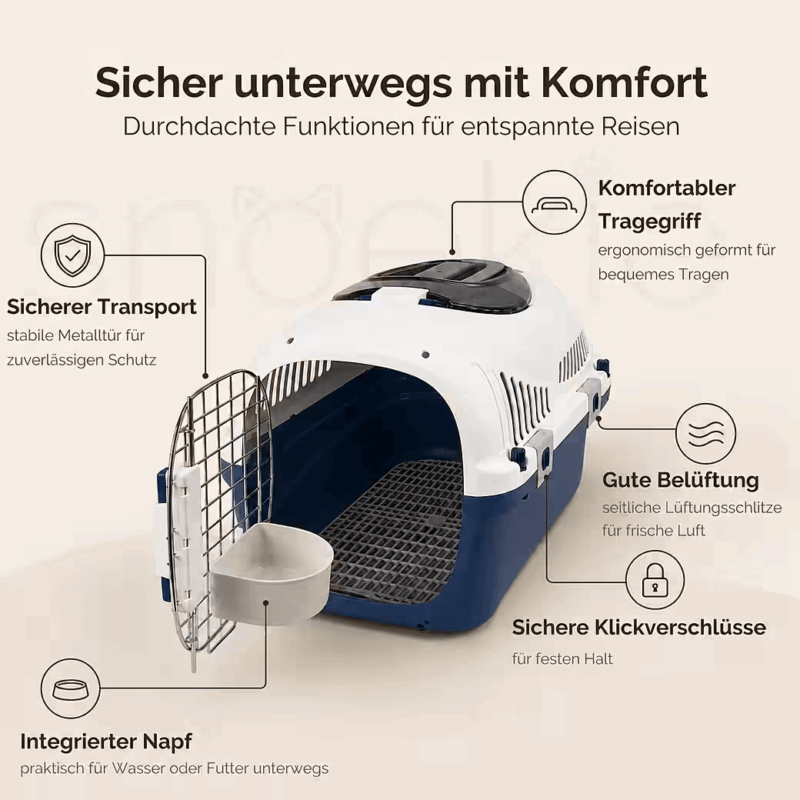 1304d325-73bc-4575-8fd7-4b734894d167_1040x1040.png SNOEKIE Haustier Transportbox für Katzen & kleine Hunde – Robuste Tierbox mit aufklappbarer Dachöffnung am Tragegriff, Sichere Metalltür, Leicht & Stabil, Ideal für Auto, Reisen & Tierarzt Blau