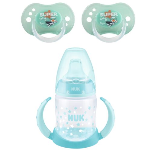 0b27b263-e6b5-415c-afd3-3ee7e6156002 Babyflasche Tigex Schnuller + NUK Trinklernflasche blau