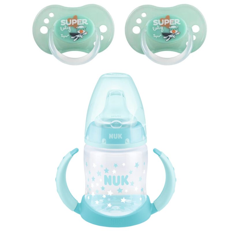 Babyflasche Tigex Schnuller + NUK Trinklernflasche blau