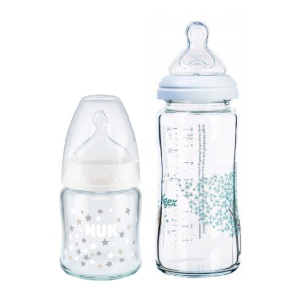 Babyflasche Tigex Multiflow Glass Bottle + Nuk Glas-Babyflasche First Choice+