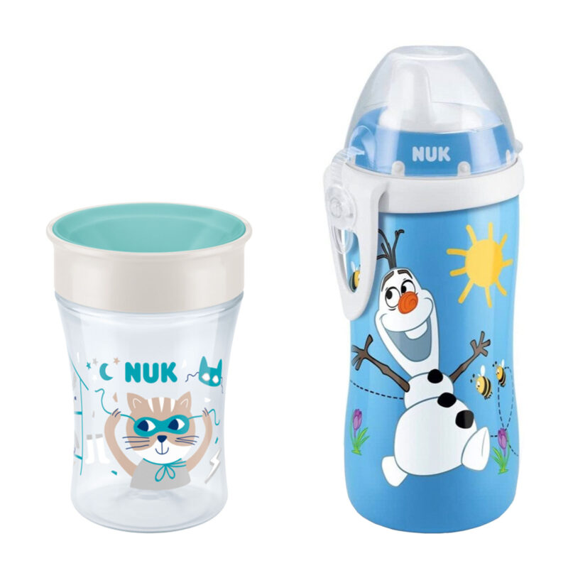 NUK NUK Babyflasche Magic Cup Trinklernbecher 8+ Monate, 230 ml, auslaufsicherer 360°-Trinkrand + Kiddy Cup 300ml 12M+