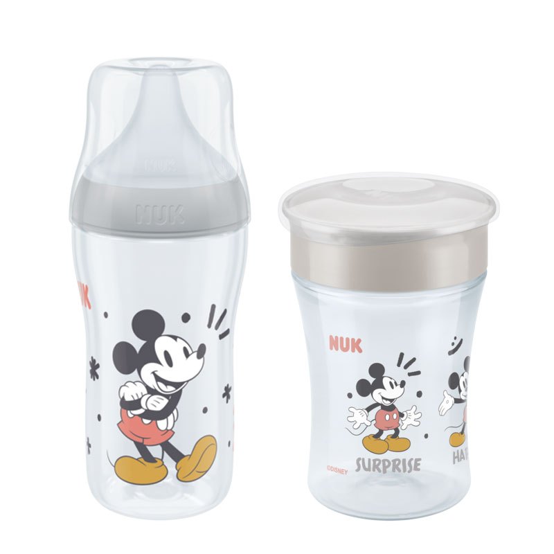 NUK Disney Mickey Mouse Perfect Match Babyflasche 260ml mit Trinksauger und Disney Mickey Mouse Magic Cup 230ml mit Deckel