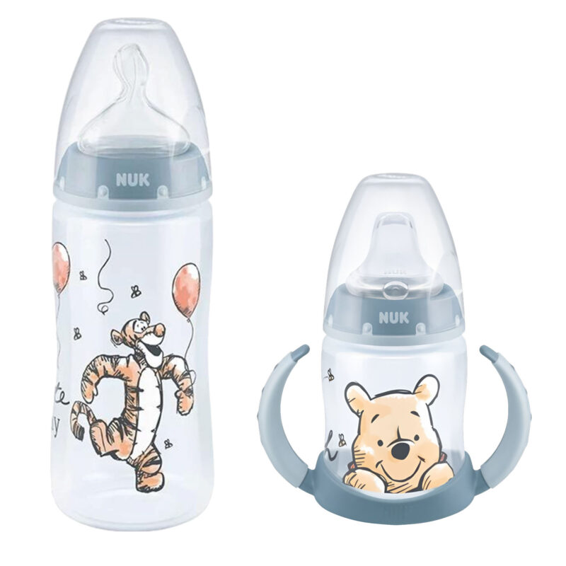 NUK Babytrinklernflasche/Trinklernbecher "Winnie" 150 ml PP-Trinklern-Flasche mit Trinktülle aus Silikon u. Griff mit First Choice Babyflasche 300ml