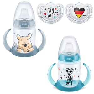 NUK Babytrinklernflasche/Trinklernbecher " 150 ml PP-Trinklern-Flasche mit Trinktülle aus Silikon u. Griff+ WM Fußball Trinklernflasche 150ml+ WM Fußball Schnuller 6-18 Vorteilset
