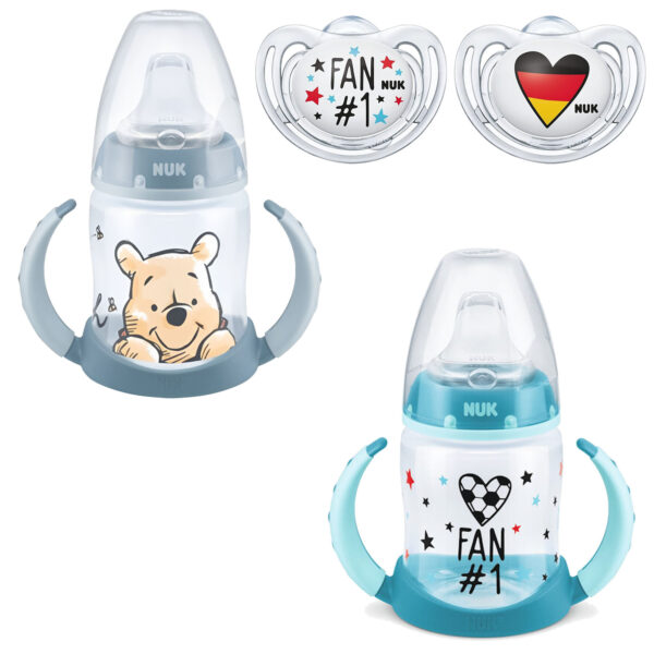NUK Babytrinklernflasche/Trinklernbecher " 150 ml PP-Trinklern-Flasche mit Trinktülle aus Silikon u. Griff+ WM Fußball Trinklernflasche 150ml+ WM Fußball Schnuller 6-18 Vorteilset