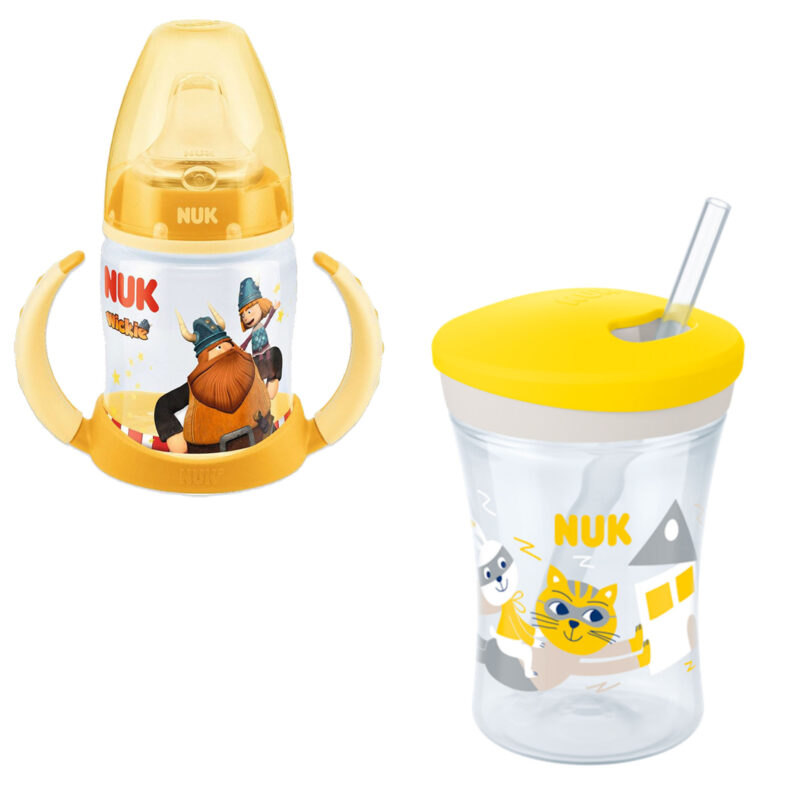 NUK First Choice Trinklernflaschen 150ml Wickie + Action Cup Trinkbecher 230 ml Drehdeckel mit weichem Strohhalm 12M+ auslaufsicher Vorteilset