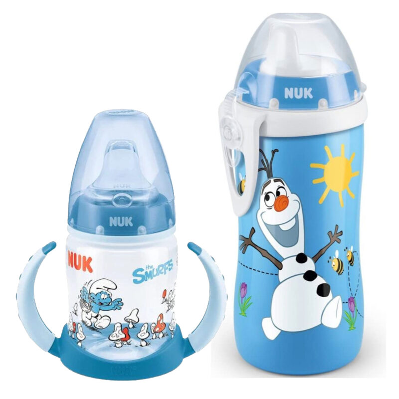 NUK Babytrinklernflasche/Trinklernbecher "schlümpf" 150 ml PP-Trinklern-Flasche mit Trinktülle aus Silikon u. Griff mit Kiddy Cup Becher 300ml 12M+ Clip und Schutzkappe Auslaufsicherer