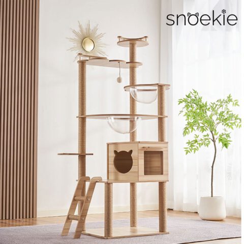 Snoekie Stabiler Kratzbaum mit Katzenhaus, Acryl-Körben und Kletterleiter