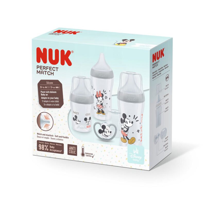 NUK Perfect Match Babyflaschenset | Ab 0 Monate | Passt sich dem Baby an | 3 Anti-Colic-Babyflaschen und Space-Schnuller | BPA-frei | Disneys Micky Maus | 4 Stück