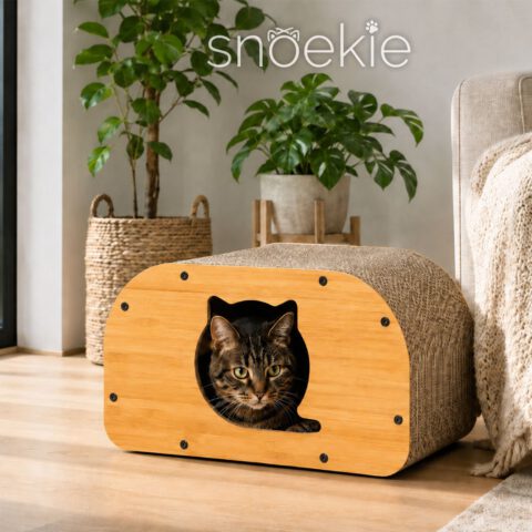 SNOEKIE Katzen Kratzhaus aus Wellpappe und MDF, 55 x 30 x 23 cm, Katzenhöhle mit Kratzfläche, stabiler Katzenkratzer mit Holzoptik, Kratzbrett für Katzen