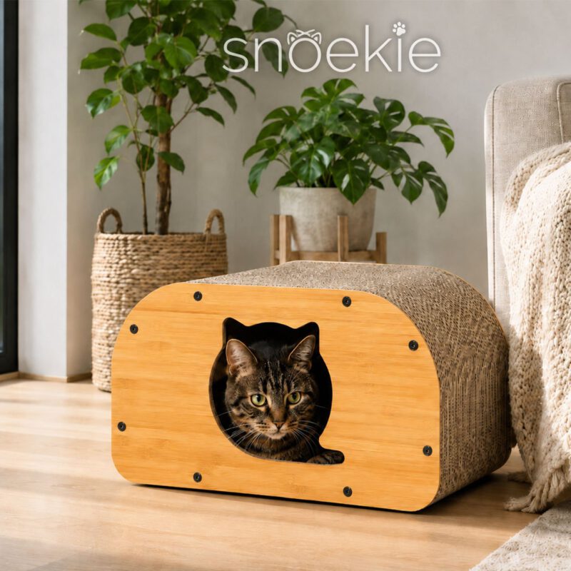 SNOEKIE Katzen Kratzhaus aus Wellpappe und MDF, 55 x 30 x 23 cm, Katzenhöhle mit Kratzfläche, stabiler Katzenkratzer mit Holzoptik, Kratzbrett für Katzen