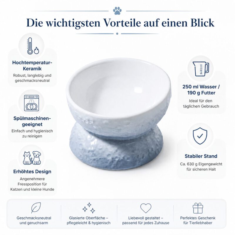 snoekie Keramik Katzennapf mit Standfuß – Erhöhter Futternapf & Wassernapf für Katzen, Rutschfest, Spülmaschinengeeignet, Modernes Design Hellblau