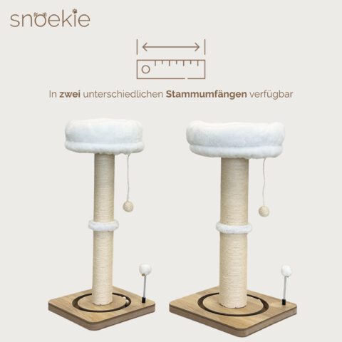 SNOEKIE Kratzbaum für Katzen, extra dicker Kratzstamm Ø 11,3 cm, 78 cm hohe Kratzsäule mit abnehmbarem Katzenbett, Natur-Sisal, Kugelbahn und Spielbällen, 39 x 39 cm