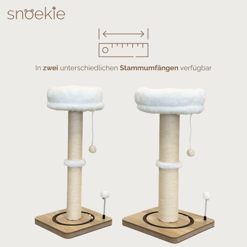 SNOEKIE Kratzbaum für Katzen, extra dicker Kratzstamm Ø 11,3 cm, 78 cm hohe Kratzsäule mit abnehmbarem Katzenbett, Natur-Sisal, Kugelbahn und Spielbällen, 39 x 39 cm