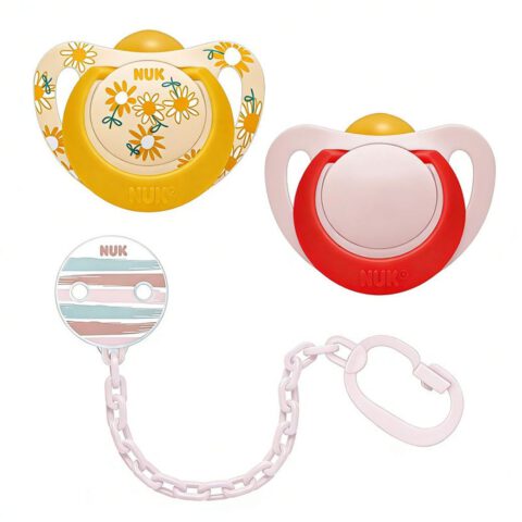 NUK Babyschnuller aus Latex, 2er-Pack, 18–36 Monate, Gelb/Rot & rosa Schnullerkette (Beach-Design)
