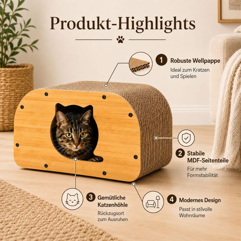 SNOEKIE Katzen Kratzhaus aus Wellpappe und MDF, 55 x 30 x 23 cm, Katzenhöhle mit Kratzfläche, stabiler Katzenkratzer mit Holzoptik, Kratzbrett für Katzen