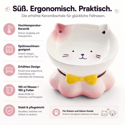 snoekie Keramik Katzennapf mit Katzenmotiv – Erhöhter Futternapf & Wassernapf für Katzen, Rutschfester Standfuß, Spülmaschinengeeignet, Niedliches Design