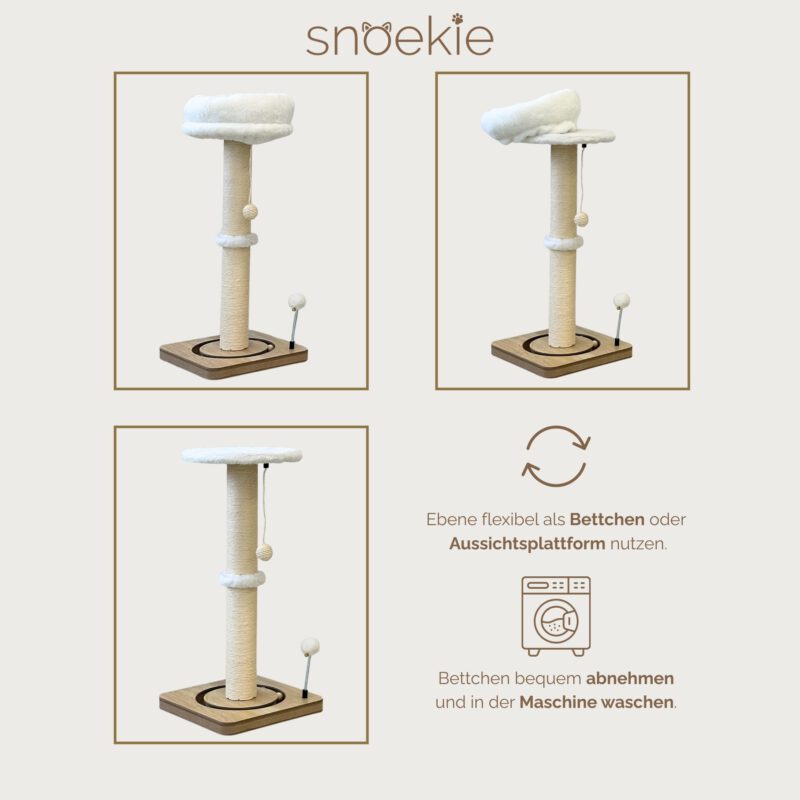 4ea06729-9e87-4096-b4df-790b4d624dd2_2250x2250.jpeg.format.jpg SNOEKIE Kratzbaum für Katzen, 78 cm hohe Kratzsäule aus Sisal mit abnehmbarem Katzenbett, MDF-Bodenplatte, Spielzeug, kompakt 33 x 33 cm, 5 kg