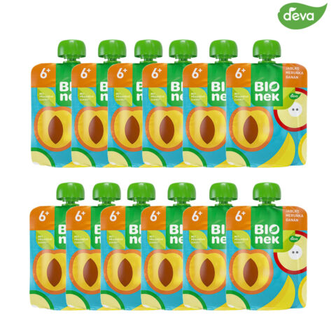 5142-aprico-12 BIOnek Bio-Fruchtpüree im Quetschbeutel mit Apfel, Aprikose & Banane – Ohne Zuckerzusatz¹ – Glutenfrei & Vegan – Ab dem 6. Monat (90 g)