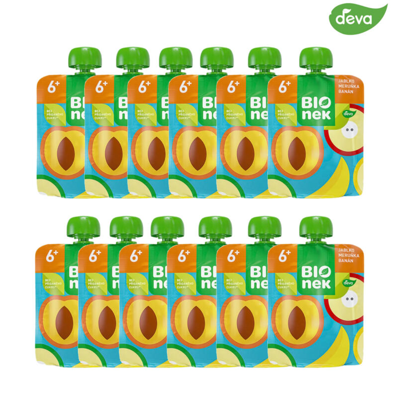 5142-aprico-12 BIOnek Bio-Fruchtpüree im Quetschbeutel mit Apfel, Aprikose & Banane – Ohne Zuckerzusatz¹ – Glutenfrei & Vegan – Ab dem 6. Monat (90 g)