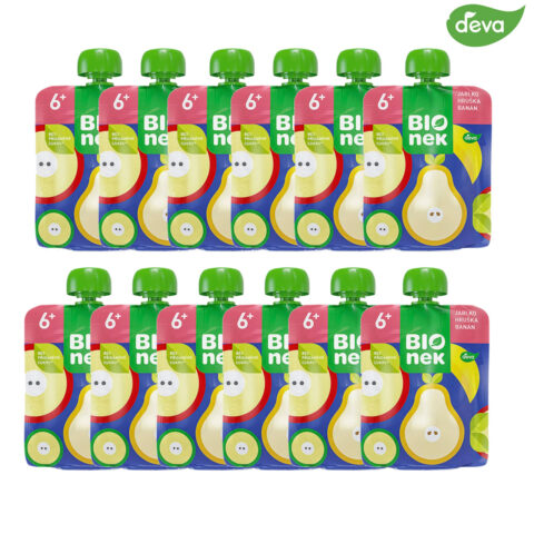 5143-pear-12 BIOnek Bio-Fruchtpüree im Quetschbeutel mit Apfel, Birne & Banane – Ohne Zuckerzusatz¹ – Glutenfrei & Vegan – Ab dem 6. Monat (90 g)