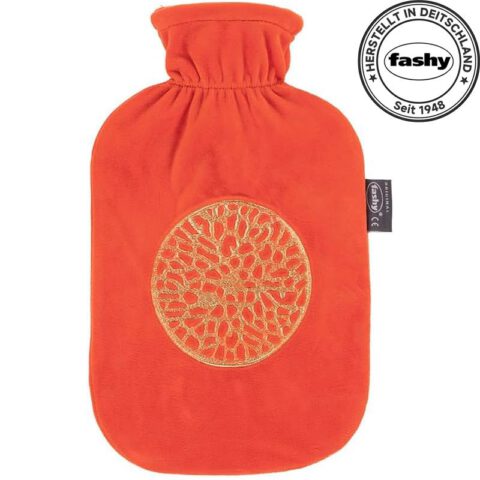 Fashy Wärmflasche mit Bezug, 2,0 L, Orange mit Ornament-Design, Thermoplast, Kuschelig