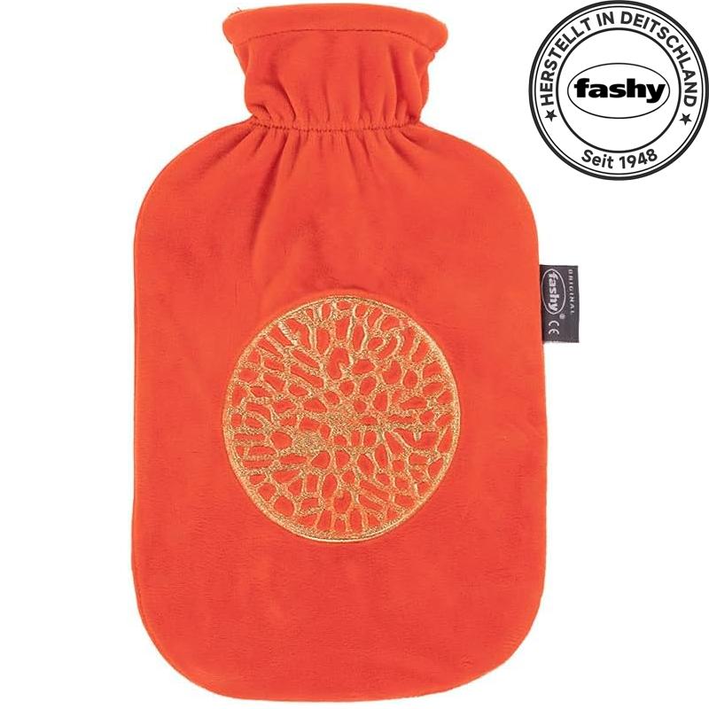 Fashy Wärmflasche mit Bezug, 2,0 L, Orange mit Ornament-Design, Thermoplast, Kuschelig