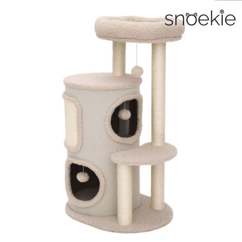 Snoekie Kratzbaum für Katzen, stabiler Plüsch-Katzenbaum mit Höhle, Liegeflächen & Spielbällen, 91 cm hoch, weicher Kratzbaum in Beige für Wohnungskatzen