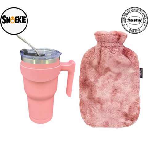 Snoekie Thermobecher 900 ml – Edelstahl-Trinkflasche groß & Fahsy Wärmflasche mit flauschigem Plüschbezug