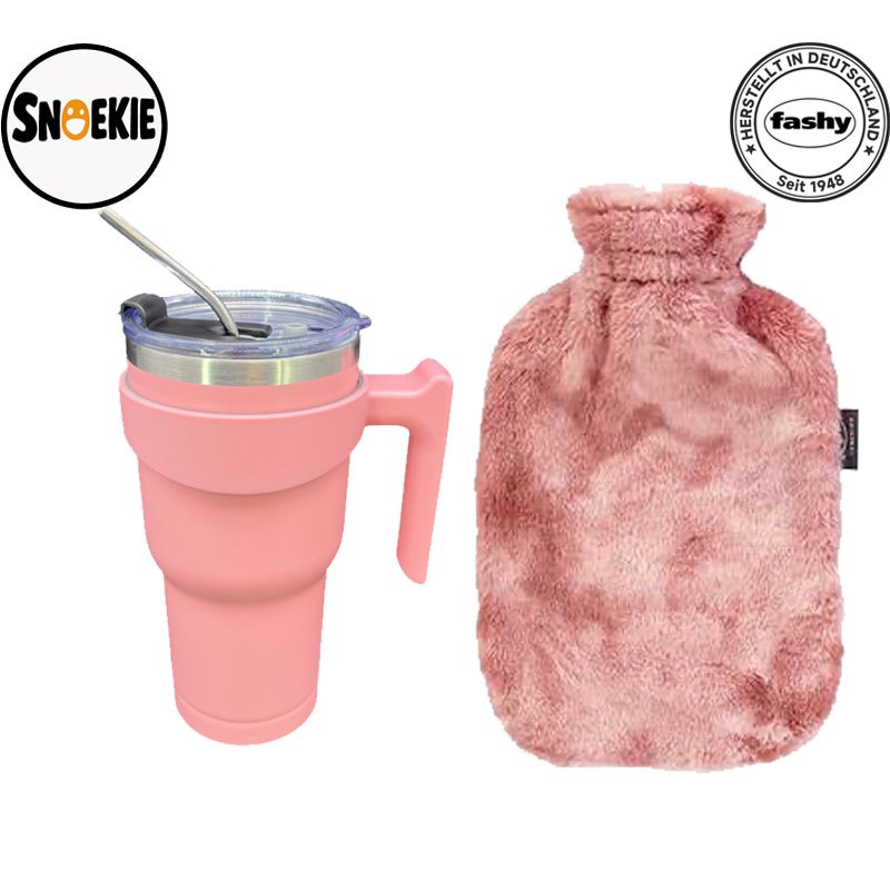 Snoekie Thermobecher 900 ml – Edelstahl-Trinkflasche groß & Fahsy Wärmflasche mit flauschigem Plüschbezug