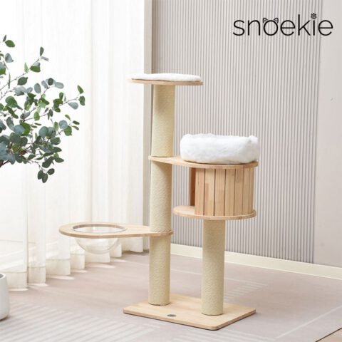 Snoekie Kompakter, moderner Kratzbaum mit Acryl-Hängeschale und Holzkubus