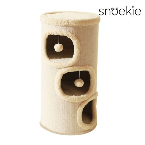 Snoekie Kratzsäule und Spielturm für Katzen mit zwei Höhlen, Plüschbällen & Kratzoberfläche, 71 cm hoch