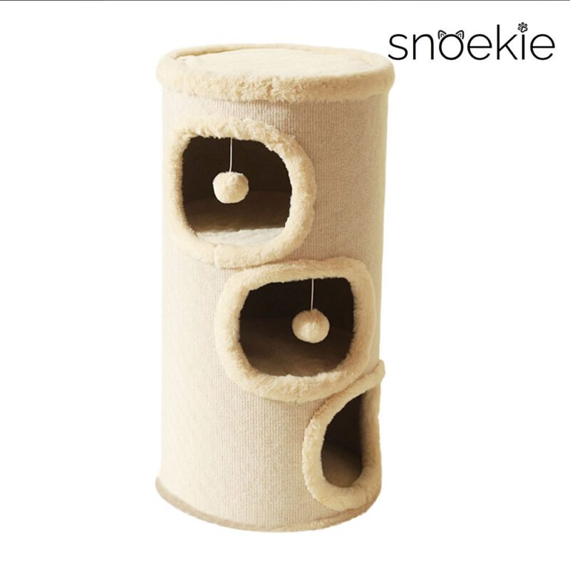 Snoekie Kratzsäule und Spielturm für Katzen mit zwei Höhlen, Plüschbällen & Kratzoberfläche, 71 cm hoch