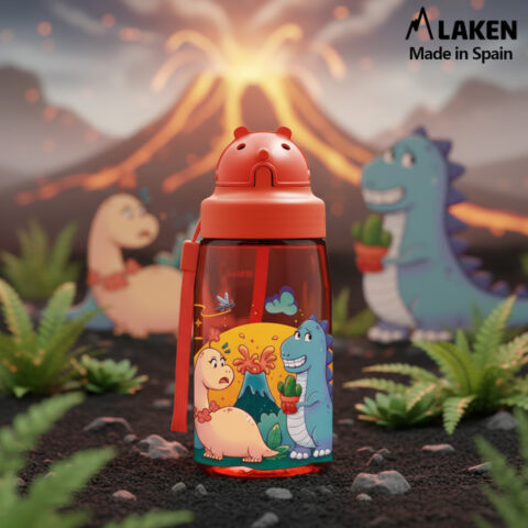 Laken Tritan-Trinkflasche 450ml mit Strohhalm und Deckel OBY DINOS LOVE