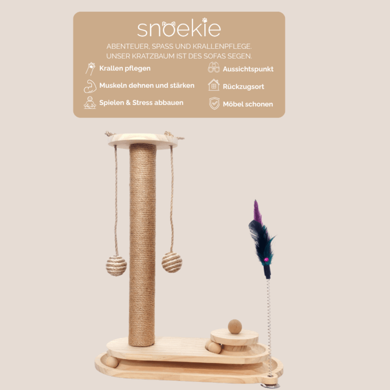 snoekie Bootsform-Kratzbaum aus Kiefernholz – Ovale Basis mit 360° Kugelspiel & hohem Sisalstamm