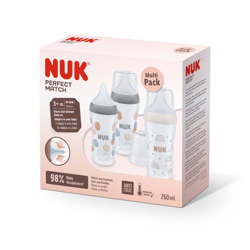 NUK Perfect Match 3er Flaschen Set PP 260ml, grau (Zweige) + weiß (Regenbogen) Gr. M | 3+m | mit Temperature Control Anzeige | Faltschachtel ohne Sichtfenster