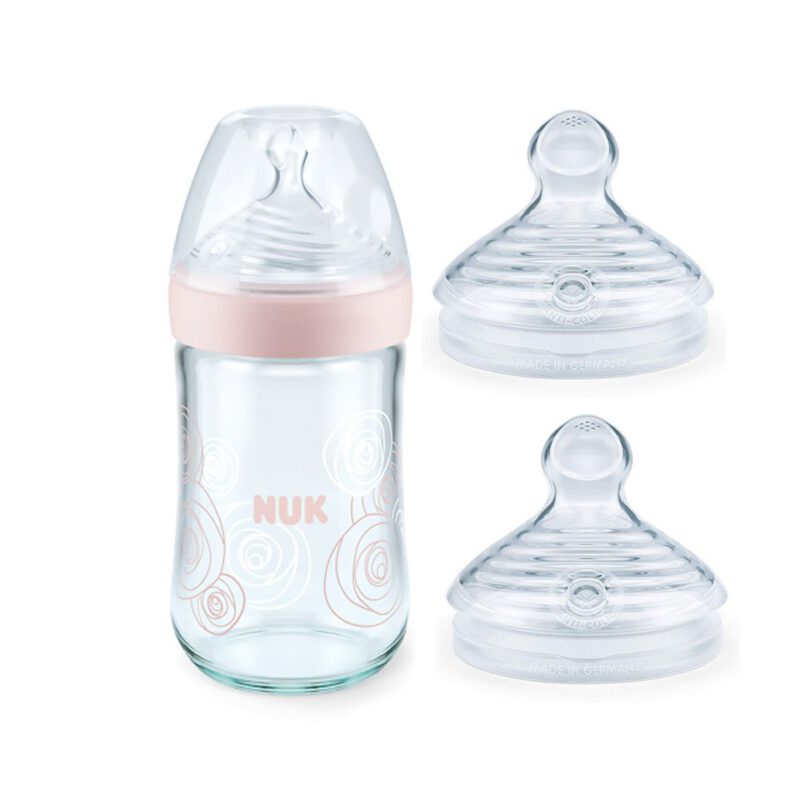 NUK Nature Sense Glasflasche 240ml Vorteil set mit extra 2er Sauger 2M