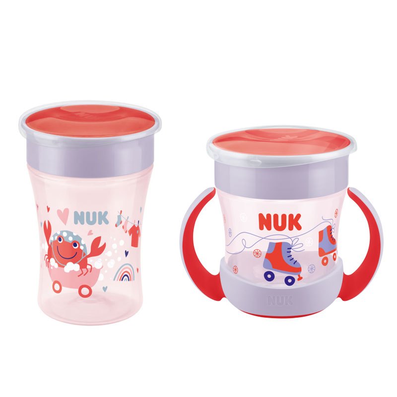 NUK Babyflasche Magic Cup Trinklernbecher, 8+ Monate, 230 ml mit Mini Magic Cup 160ml 6M+ auslaufsicherer 360°-Trinkrand,. Rosa