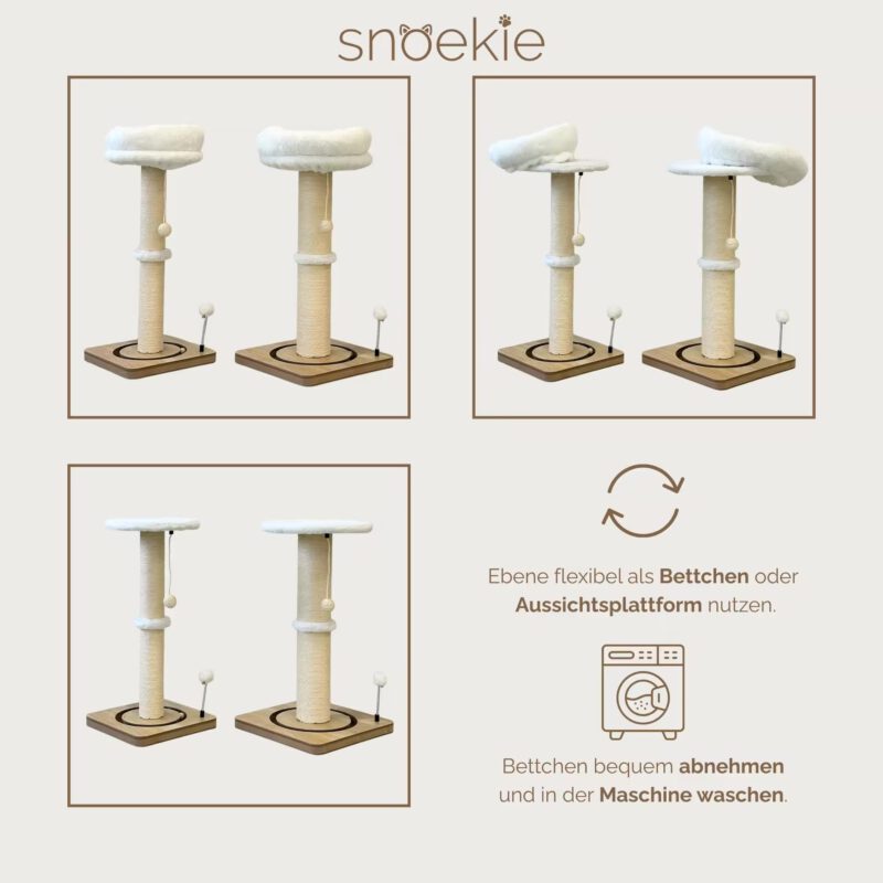 SNOEKIE Kratzbaum für Katzen, extra dicker Kratzstamm Ø 11,3 cm, 78 cm hohe Kratzsäule mit abnehmbarem Katzenbett, Natur-Sisal, Kugelbahn und Spielbällen, 39 x 39 cm