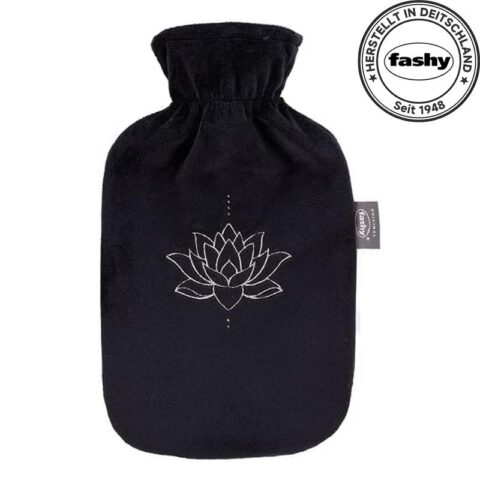 Fashy Wärmflasche mit Flauschbezug und Glitzer Seerose schwarz 2 L