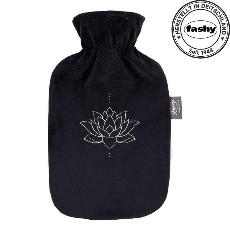Fashy Wärmflasche mit Flauschbezug und Glitzer Seerose schwarz 2 L