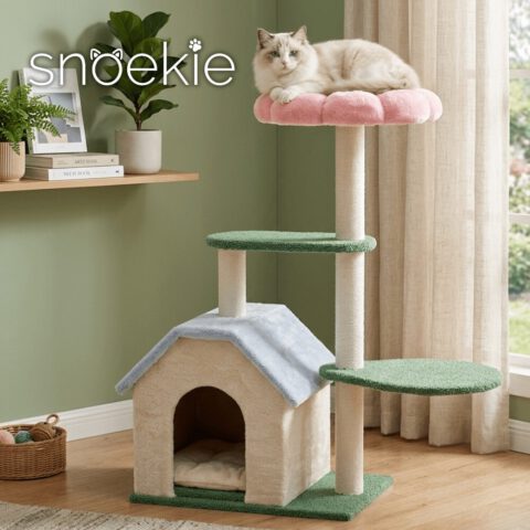 snoekie kratzbaum KT-0036 – Niedlicher Kratzbaum mit Katzenhaus, harmonische Farben, 95 cm
