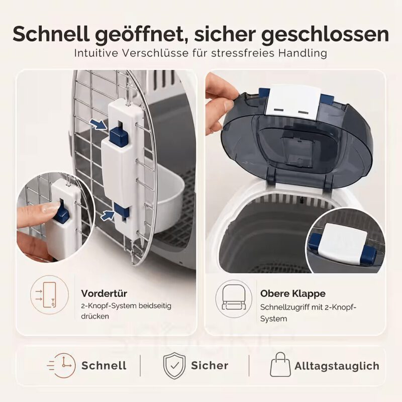 68d1f10b-1876-4f73-a90d-543cdd6ac26b_1040x1040.jpg SNOEKIE Haustier Transportbox für Katzen & kleine Hunde – Robuste Tierbox mit aufklappbarer Dachöffnung am Tragegriff, Sichere Metalltür, Leicht & Stabil, Ideal für Auto, Reisen & Tierarzt Grau|Blau