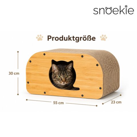 SNOEKIE Katzen Kratzhaus aus Wellpappe und MDF, 55 x 30 x 23 cm, Katzenhöhle mit Kratzfläche, stabiler Katzenkratzer mit Holzoptik, Kratzbrett für Katzen