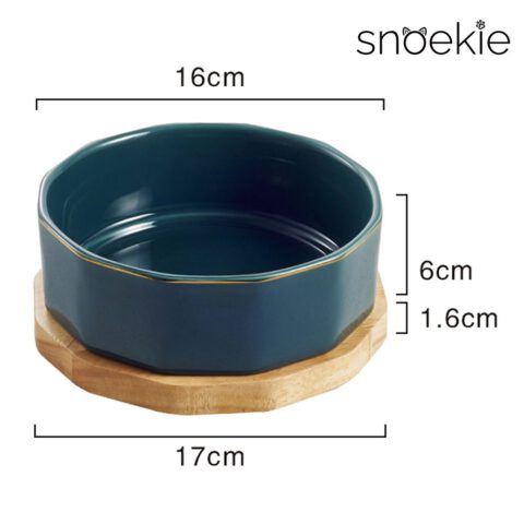 snoekie Porzellan-Haustiernapf mit Holzunterlage – 17×17×6.7 cm, Hochtemperaturgebrannt, Spülmaschinenfest, Rutschfest