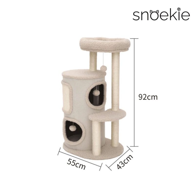 Snoekie Kratzbaum für Katzen, stabiler Plüsch-Katzenbaum mit Höhle, Liegeflächen & Spielbällen, 91 cm hoch, weicher Kratzbaum in Beige für Wohnungskatzen