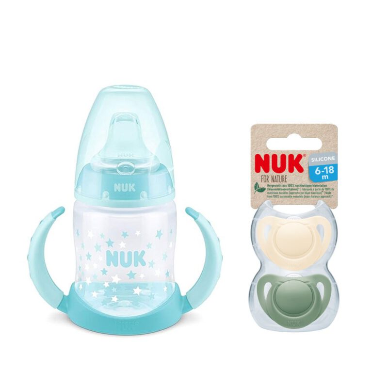 NUK First Choice Trinklernbecher | Trinklernflasche 150ml blue star & Nature Schnuller Gr. 2